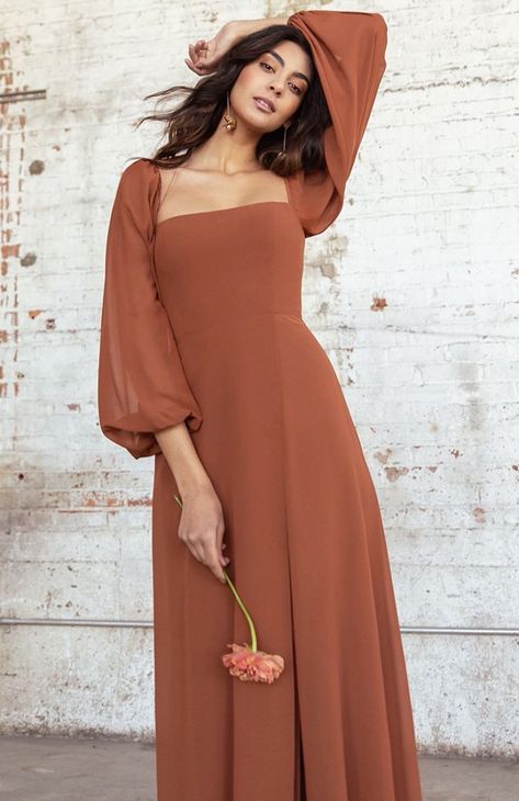 Wedding Guest Dress Simple, Coming Soon Photo, Wedding Guest Dress Inspiration, Wedding Guest Dress Ideas, Simple Long Dress, Rust Color Dress, Rust Wedding, Jenny Yoo Collection, Long Sleeve Bridesmaid Dress