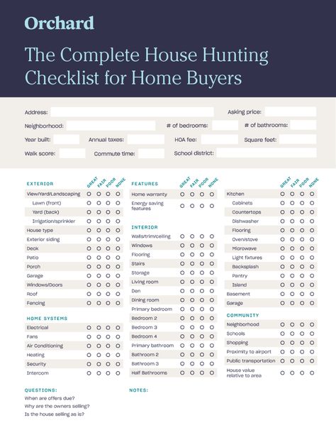 The Complete House Hunting Checklist | Free Printable List for Buyers Real Estate Checklist Free Printable, House Hunting Checklist Free Printable, House Buying Checklist, Buying A House Checklist, Apartment Hunting Checklist, Hunting Checklist, House Hunting Checklist, Nursing Ideas, Moving Ideas