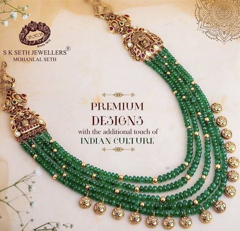 Emerald Chain, Stone Jewellery Designs, Indian Wedding Jewelry Sets, Modern Gold Jewelry, Pearl Jewelry Design, Beads Mala, Gold Jewelry Simple Necklace, Beautiful Gold Necklaces, Gold Necklace Indian Bridal Jewelry