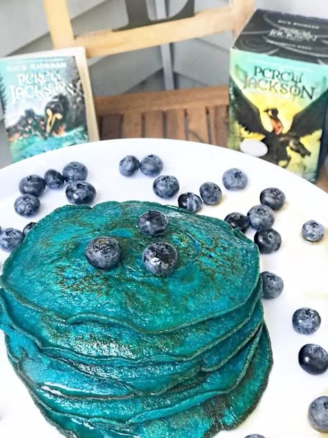 Percy Jackson and the Olympians Blue Pancakes - The WELLthy Mom Blog Percy Jackson Aesthetic Blue Food, Blue Pancakes, Blue Pancakes Percy Jackson, Blue Percy Jackson Food, Blue Food Percy Jackson, Percy Jackson Sleepover, Percy Jackson Recipes, Percy Jackson Blue Food, Percy Jackson Food