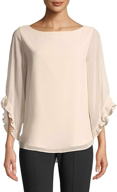 Chiffon Blouses Designs, Lace Trim Blouse, Chiffon Blouse, Blouse Styles, African Fashion, Pullover Styling, Blouse Designs, Neiman Marcus, Bell Sleeves