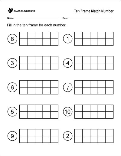 Printable Ten Frame Match Number Preschool Ten Frame Printables, Tens Frame Worksheet, Ten Frame Worksheet, Ten Frames Printable Free, Crayons Pictures, Teen Numbers Kindergarten, Match Worksheet, Ten Frames Kindergarten, Holiday Math Worksheets