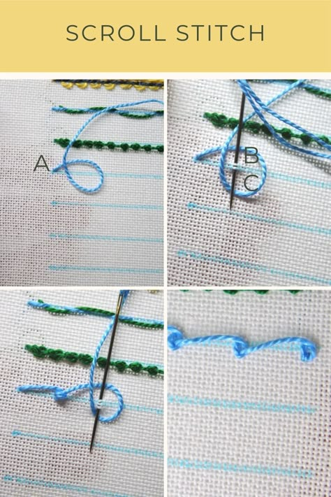 8 Decorative Embroidery Border Stitches Everyone Should Learn - Crewel Ghoul Scroll Stitch Embroidery Designs, Hand Embroidery Stitches Step By Step, Embroidery Border Stitches, Scroll Stitch Embroidery, Scroll Stitch, Threaded Running Stitch, Embroidery 101, Embroidery Stitches Beginner, Basic Hand Embroidery Stitches