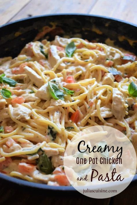 This Creamy One Pot Chicken and Pasta will sure to be a family favourite. Make with tender pieces of chicken in a creamy sauce and spaghetti, it's delicious.  Make it for your next family weeknight dinner.  #familydinnerideas #spaghettirecipes #chickendinnerreciipes Poppy Seed Chicken Casserole, Creamy Chicken Casserole, Chicken And Pasta, Super Easy Dinner, Creamy Chicken Pasta, One Pot Dinners, Easy Chicken Dinner Recipes, One Pot Chicken, Dinner Entrees