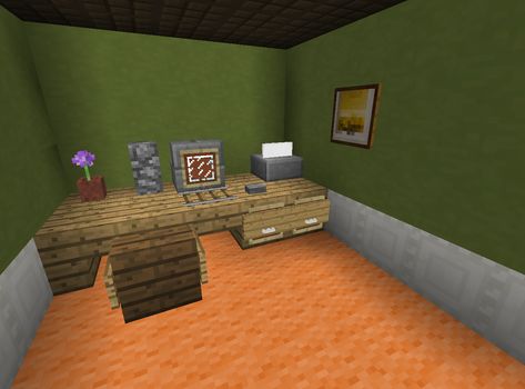 Detail: Printer. Using banners. Work Station Minecraft, Minecraft Vanilla Furniture, Minecraft Computer Desk, Desk In Minecraft, How To Make A Desk In Minecraft, Minecraft Tables And Chairs, Computer Minecraft, Minecraft Office, Construction Minecraft