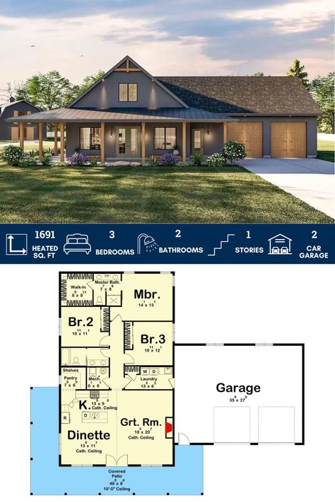 1691 Square Foot Barndominium-Style Farmhouse Plan with a 3-car Garage Barndominium With Garage, Floor Plans 3 Bedroom, Rectangle House Plans, Rectangle House, House With Garage, 3 Bedroom Floor Plan, Barndominium Plans, Barndominium Ideas Floor Plans, Farmhouse Plan