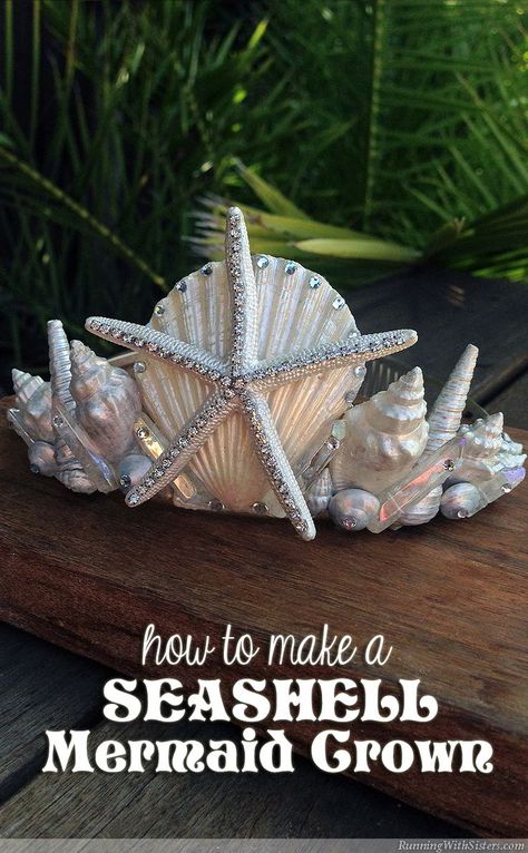 DIY Seashell Mermaid Crown - learn how to make a beachy headpiece out of an inexpensive tiara, real shells, a starfish, and Swarovski crystal rhinestones! This complete step by step how to shows you how to paint the shells and starfish with pearl acrylic craft paint, then arrange the shells in a princess crown style. Includes a video showing how to handle and glue tiny rhinestones! Great for a seaside wedding or a beachy birthday celebration! Mermaid Costume Kids, Seashell Mermaid, Ocean Nursery Decor, Seashell Crown, Mermaid Bedroom, Art Coquillage, Mermaid Crafts, Mermaid Crown, Mermaid Diy