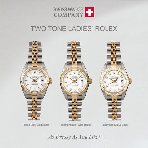 Ladies Rolex Datejust watches in two-tone. With and without diamonds. Dress it up or dress it down! Female Rolex Watches, Rolex Ladies Datejust, Rolex Date Just 36 Women, Rolex Watches Women 26mm, Rolex Lady Date Just 28, Used Rolex, Rolex Watches Women, Rolex Date, Two Tone Watch