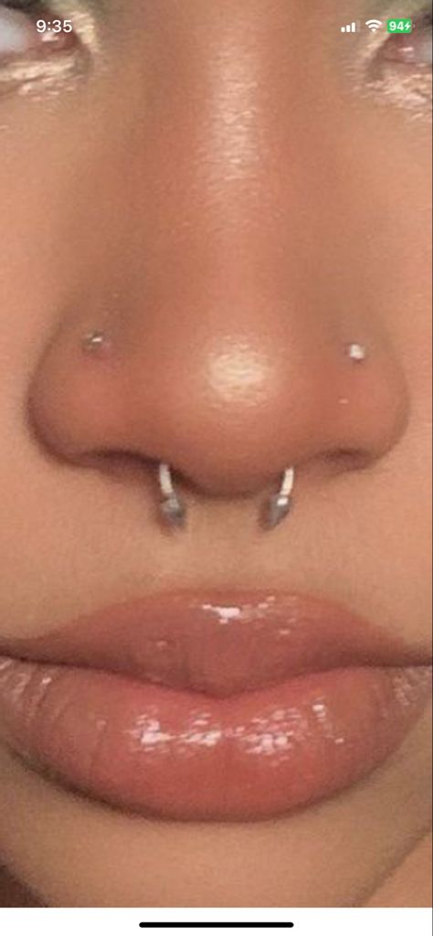 Nose Bar Piercing, 5 Nose Piercings, Nose Piercing All 3, Nose Piercing Triple, Double Nose Piercing Big Nose, Both Sides Of Nose Pierced Hoop And Stud, Septum Piercing Pointy Ends, All Three Nose Piercings, Nose Peirce Chart