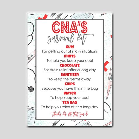 CNA Survival Kit Tag, Certified Nursing Assistant, Instant Download, CNA Appreciation Week, CNA candy treat goody bag tag, National Nursing by wackykracker on Etsy Medical Assistant Appreciation Ideas, Cna Appreciation, Cna Week, Certified Nursing Assistant, Staff Gifts, Scrub Life, Nursing Assistant, Assisted Living, Bag Tag