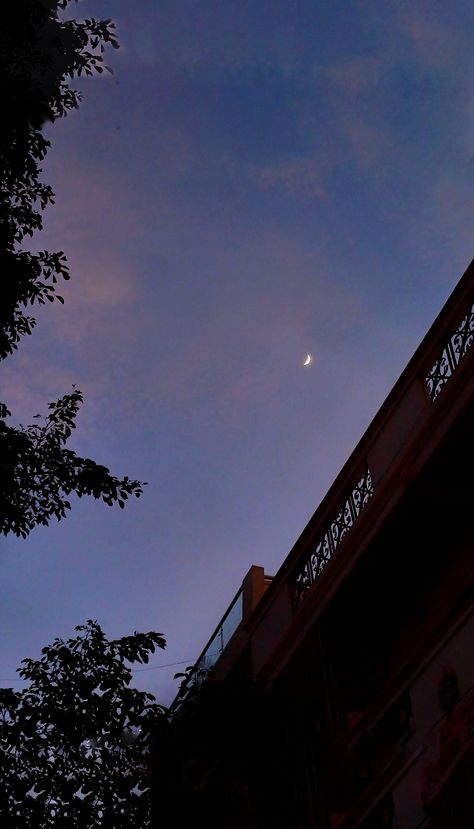 View of crescent moon beside a terrace of a house, framed by the silhouette of a tree against a blue and pink evening sky. Moon From Terrace, Evening Sky, Crescent Moon, Crescent, A House, Terrace, Moon, Quick Saves