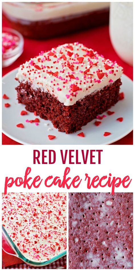 Delicious Red Velvet Poke Cake with homemade Cream Cheese Frosting. It's super moist and velvety and perfect for Valentine's  or any special occasion. #redvelvetpokecake #pokecake #redvelvetcake #cake #pokecakerecipe Red Velvet Poke Cake, Red Velvet Cake Roll, Easy Red Velvet Cake, Homemade Cream Cheese Frosting, Vintage Pasta, Butter Cakes, Homemade Cream Cheese, Red Velvet Cake Recipe, Velvet Cake Recipes