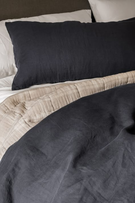 A Darker Bed Palette - Studio McGee Bed Palette, Dark Grey Bedding, Masculine Bedding, Dark Bedroom Walls, Boy Apartment, Dark Bedding, Men's Bedding, Beige Duvet, Grey Bedroom Ideas