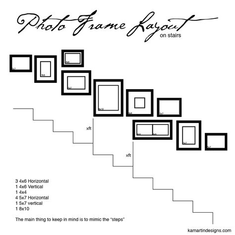 Photo Frame Layout on stairs. This is how I designed my photo wall for our living room! Stairway Pictures, Frame Wall Layout, Foto Scale, Photo Frame Layout, Stairway Photos, Landing Decor, Stairway Wall, Gallery Wall Staircase, Hall Stairs