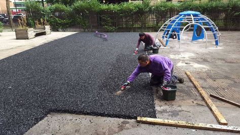 How much does a poured rubber playground cost? Playground Mats Outdoor, Playground Flooring Outdoor, Rubber Playground Flooring, Playground Turf, Daycare Playground, Outdoor Rubber Flooring, Church Playground, Kids Outdoor Playground, Playground Landscaping