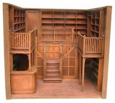 Oak Library, Dollhouse Library, Bookshelf Art, Mini Library, Doll House Plans, Halloween Miniatures, Victorian Dollhouse, Dolls House Interiors, Miniature Rooms