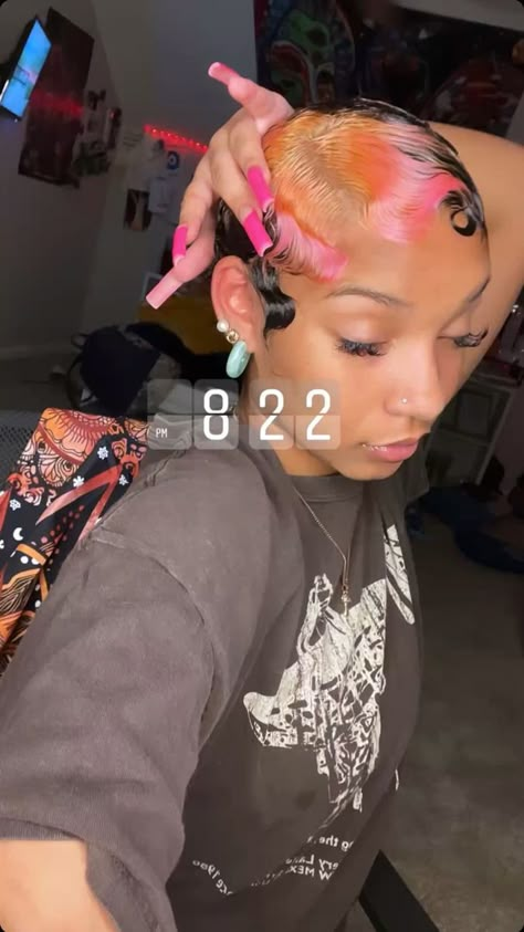 Short Color Hairstyles For Black Women, Skunk Stripe Finger Waves, Finger Waves Short Hair Color, Dyed Finger Waves, Colored Finger Waves, Skunk Stripe Short Hair, Pink Finger Waves, Dyed Twa, Short Dyed Hair Black Women