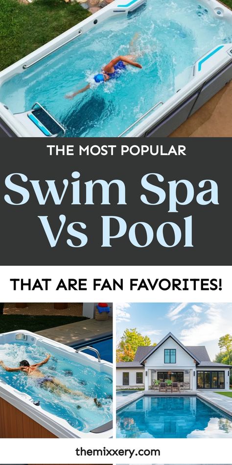 Comparison of swim spa and in-ground pool highlighting their popularity with swimmers enjoying each. Large Swim Spa, Indoor Swim Spa, Swim Spa Deck, Swim Spa Landscaping, Outdoor Swim Spa, Backyard Pool And Spa, Spa Landscaping, Exercise Pool, Hot Tub Swim Spa