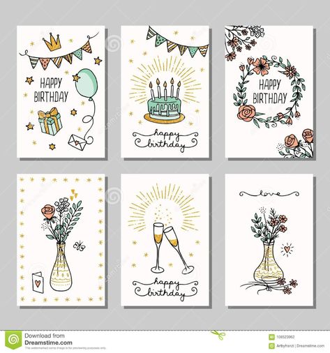 Illustration about Set of six hand drawn birthday mini cards, design template with flowers, champagne glasses and birthday cake. Illustration of birthday, bunting, golden - 108523962 Drawn Birthday Cards, Hand Drawn Birthday Cards, Happy Birthday Download, Birthday Cake Illustration, Easy Greeting Cards, Cake Illustration, Birthday Card Drawing, Simple Birthday Cards, Anniversary Greetings