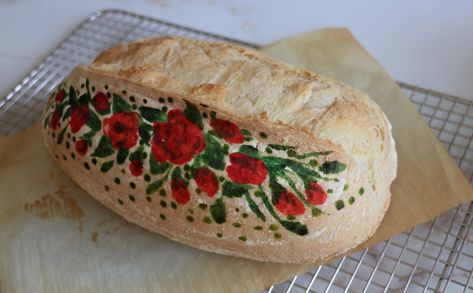 Painted Sourdough Loaf, Painting Bread Food Coloring, Painting Sourdough, Painted Sourdough Bread, Sourdough Painting, Sourdough Art, Bread Painting, Sourdough Tips, Painted Bread