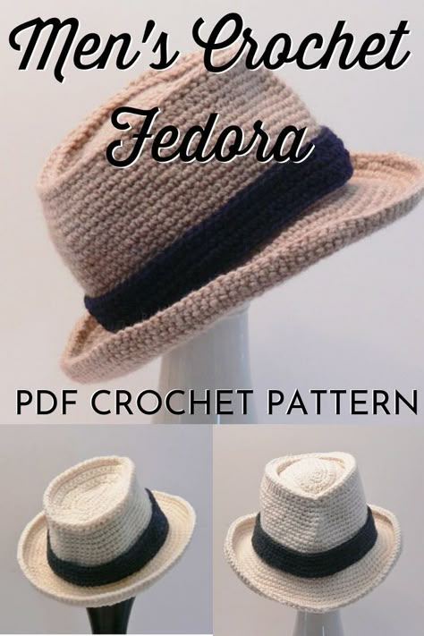 Crochet Fedora Pattern for men and boys. From sizes newborn to Men's XXL, this fun summer crochet hat pattern is perfect for the man in your life! #crochethat #crochetfedora #fedorapattern #crochethatpattern #crochetpattern #craftevangelist Free Crochet Mens Hats, Crochet Mens Bucket Hat Free Pattern, Crochet Fedora Hat Free Pattern, Mens Crochet Hats Free Pattern, Crochet Mens Hat Pattern Free, Men’s Crochet, Viking Hat Crochet Pattern, Fedora Pattern, Crochet Hat For Men