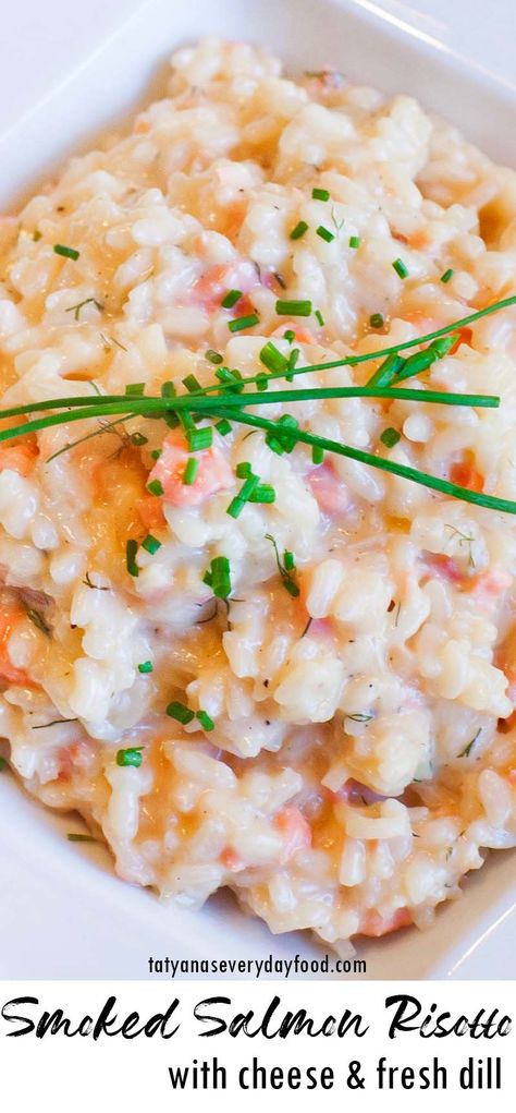 Smoked Salmon Risotto with Gouda Cheese - Tatyanas Everyday Food Smoked Salmon And Rice Recipes, Risotto Recipes With Salmon, Salmon And Risotto, Salmon With Risotto, Crispy Rice Smoked Salmon, Smoked Haddock Risotto, Smoked Salmon Risotto, Salmon Risotto, Butter Poached Lobster