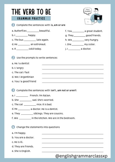 Verb To Be Grammar Practice Worksheet  @englishgrammarclassxp To Be Exercises English, Verbs To Be Worksheet, Grammar Exercises Worksheets, To Be Verb Grammar, Verb Be Worksheets For Kids, Verb To Do Worksheet, English Verbs Worksheets, Grade 8 English Worksheets, To Be Verbs Worksheet