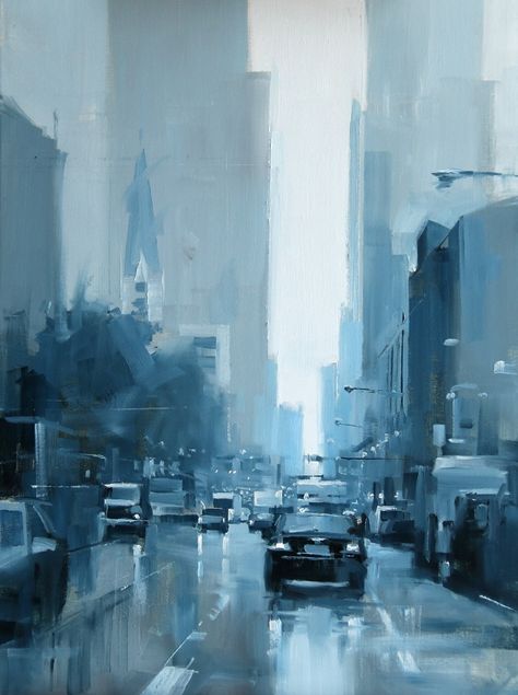 Foggy Places, Monochromatic Art Painting, Monochromatic Painting Ideas, Qiang Huang, Universe City, Day In Chicago, Monochromatic Painting, Monochrome Painting, Monochromatic Art