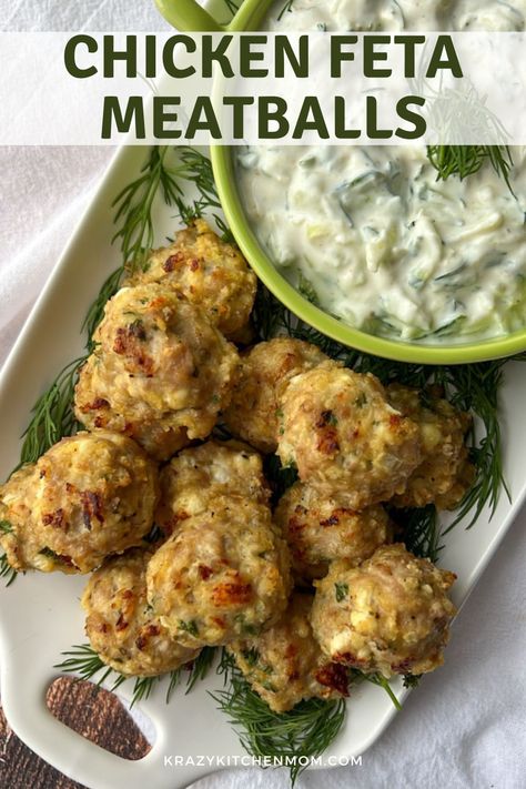 Traditional Meatballs, Feta Meatballs, Moist Meatballs, Chicken Feta, Spinach Meatballs, Healthy Meatballs, Cheese Stuffed Meatballs, Mediterranean Flavors, Homemade Tzatziki Sauce