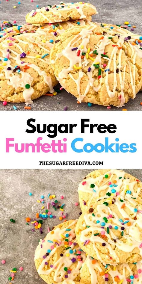 Sugar Free Funfetti Cookies, a simple and colorful cookie or dessert recipe made with cake mix and sprinkles. Healthy Birthday Cake Recipes, Low Sugar Cookies, Funfetti Cake Mix Cookies, Healthy Birthday Cakes, Funfetti Cookies, Funfetti Cake Mix, Sugar Free Baking, Sugar Free Cake, Cookie Cake Birthday