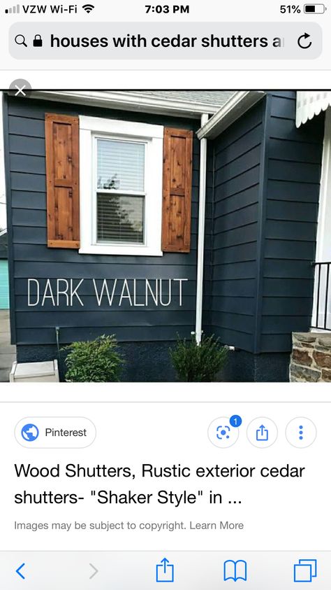 Navy Blue House Exterior, Dark Blue House Exterior, Outdoor House Paint, Navy Blue Houses, Dark Blue Houses, Navy Houses, Mobile Home Exteriors, Cedar Shutters, Ranch House Exterior