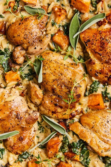 Chicken and Butternut Squash Orzo Butternut Squash Orzo, Butternut Squash Dinner, Squash Orzo, Damn Delicious Recipes, Creamy Orzo, Chicken Roasted, Cut Butternut Squash, Delicious Meal Prep, Butternut Squash Salad