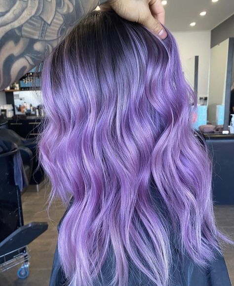 Hair Dye Ideas Purple Lavender, Pastel Purple Ombre Hair, Purple Ash Balayage, Pastel Purple Hair Dark Roots, Lavender Purple Hair Color, Purple To Lavender Ombre Hair, Light Purple Hair Balayage, Light Purple Hair Dark Roots, 2023 Vivid Hair Trends