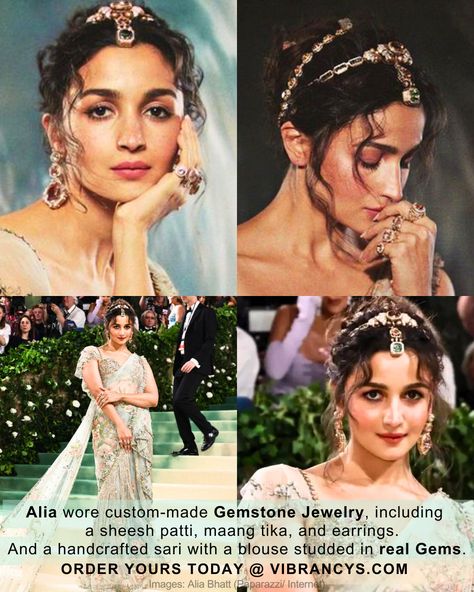 Timeless beauty @aliaabhatt 💕 wore custom-made Gemstone Jewelry, including a Sheesh Patti, Maang Tika & Earrings. And a Handcrafted Saree with a blouse studded in Real Gems.💫 Source your Gemstone Jewelry from 🔗 vibrancys.com 👉 Visit Now & avail great Offers!😍👑 We are also giving lab-tested certificate of our purity and authenticity of the product. 🌎WORLDWIDE SHIPPING #AliaBhatt #MetGala2024 #Vibrancys #METGala #GardenOfTime #GemstoneJewelry #Gemstone #Jewelry #Saree #RealGems #Redcarpet... Sheesh Patti, Maang Tika, Sabyasachi Jewellery, Jewel Wedding, Bollywood Wedding, Alia Bhatt, Hollywood Studios, Bollywood Saree, Bollywood Stars