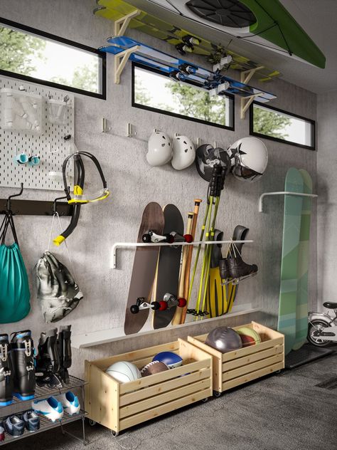 6 garage ideas to maximize space - IKEA Garage Storage Ikea Hacks, Kids Garage, Organized Spaces, Garage Storage Inspiration, Gear Room, Sports Storage, Garage Organization Tips, Garage Organisation, Bath Photography