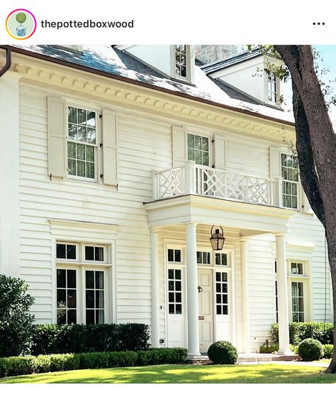 Traditional Colonial House Exterior, Colonial Exterior Makeover, Colonial Exterior Remodel, Dallas Architecture, Classic Front Door, Side Hall Colonial, Colonial Remodel, Potted Boxwood, French Front Doors