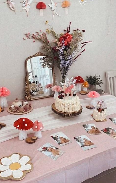 Mushroom Fairy Theme Party, Enchanted Forest 2nd Birthday, Girly Woodland Birthday Party, Fairy Flower Birthday Party, Enchanted Fairy Birthday Party Ideas, Second Birthday Fairy Theme, Autumn Fairy Birthday Party, Fairy First Birthday High Chair, Pink Fairy Party