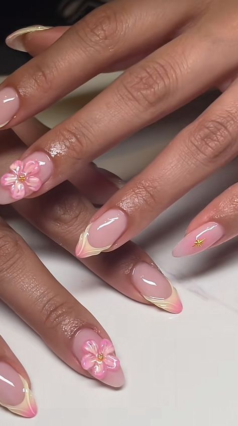 Nail Designs Pink Flowers, Pink Almond Design Nails, Tulip Inspired Nails, Sculptured Nails Acrylic, Easy Nails To Do Yourself, Nail Art Designs With Gems, Acrylic Nails With Hibiscus Flower, Funky Nails Pink, Tropical Nails Almond