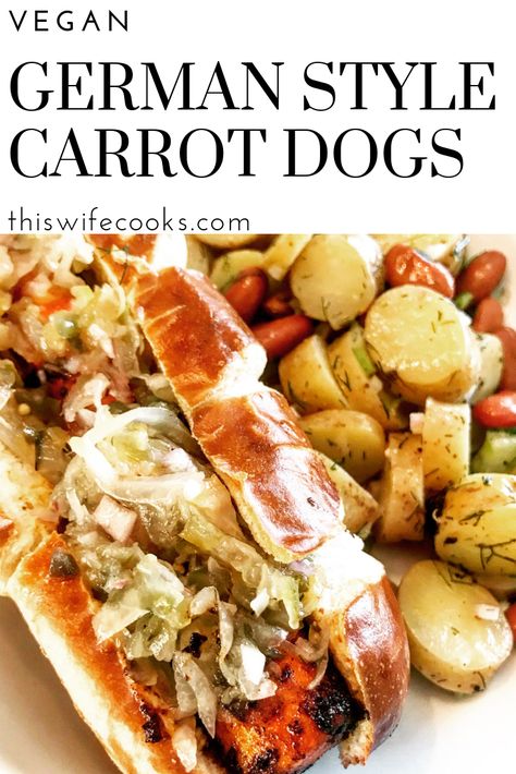 Vegan Oktoberfest, Oktoberfest Menu, Barbecue Seasoning, Pretzel Buns, Sweet Relish, Carrot Dogs, Vegan Summer Recipes, Spicy Brown Mustard, Plant Based Dinner