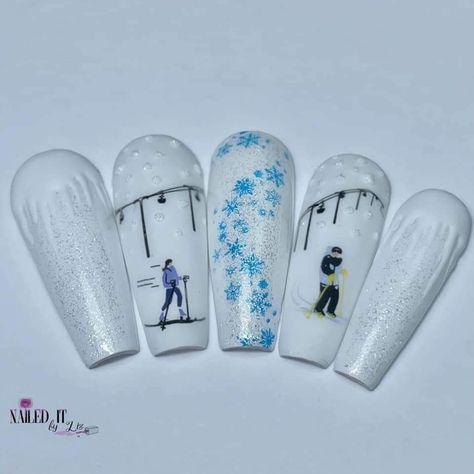 Skiing Nails, Ski Nails, White 3d Art, Shellac Nail Designs, Snowflake Nails, Moon Dust, Shellac Nails, Instagram Christmas, Snow Sports