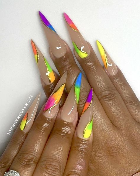 Luau Nail Ideas, Opposite Nail Designs On Each Hand, Neon Floral Nails, Colorful Stiletto Nails, Stiletto Nail Art Summer, Vacation Nails Bright, Stilleto Nails Designs Summer, Carnival Nails Designs, Neon Nail Ideas Bright Colors