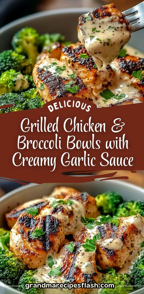 A delicious and healthy meal, this Grilled Chicken & Broccoli Bowl is topped with a creamy, garlicky sauce that will make your taste buds sing! Perfect for meal prep or a weeknight dinner. #HealthyDinner #GrilledChicken #BroccoliBowls #CreamyGarlicSauce #MealPrepIdeas #LowCarbDinner #EasyDinnerRecipe Grilled Chicken And Broccoli Bowl With Creamy Garlic Sauce, Meal Prep Chicken And Broccoli, Grilled Chicken Broccoli Bowl, Grilled Chicken And Broccoli Recipes, Chicken Thigh Dinner Recipes Healthy, Grilled Chicken And Broccoli Bowls, Grilled Chicken And Broccoli Bowl, Sides For Breaded Chicken, Broccoli Bowl Recipes