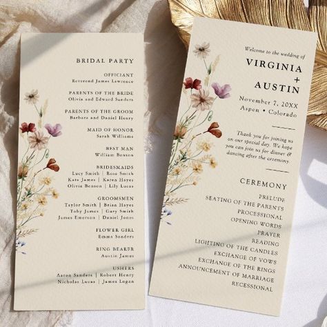 Elegant Boho Floral Wedding Program Floral Wedding Program, Copper Wedding Theme, Fall Wedding Programs, Boho Floral Wedding, Elegant Wedding Programs, Wildflower Wedding Invitations, Boho Wildflower, Honey Wedding, Watercolor Wildflowers