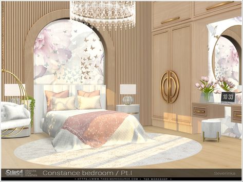 Wall Round Mirror, Bedroom Inspirations Cozy, Arch Wall Decor, Plaid Bed, Royal Bedroom Design, Sims 4 Beds, Sims 4 Cc Hair, Wardrobe Wall, Royal Bedroom