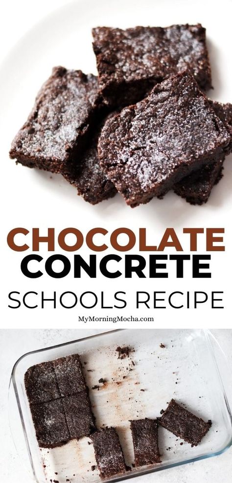 Learn how to make chocolate concrete with this easy school dinners retro recipe. Also called choc crunch or chocolate concrete cake; this dessert is just delicious. School Dessert Recipes, Homemade Choc Cake Recipe, Chocolate Brick Cake, Chocolate Concrete Recipes, School Chocolate Concrete, Concrete Cake Recipe, Chocolate Concrete Cake, School Lunch Chocolate Cake, Old School Cake Recipes