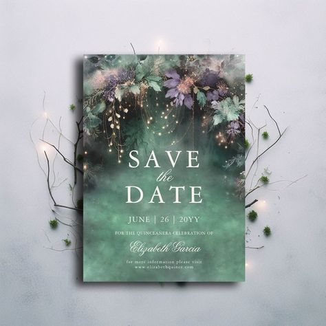 Enchanted Forest Lavender Quince Save the Date Invitation Enchanted Forest Invitations Quinceanera, Enchanted Forest Invite, Quince Save The Date, Quinceanera Save The Date, Fairy Garden Theme, Lavender Quinceanera, Forest Invitation, Butterfly Wedding Invitations, Lavender Quince