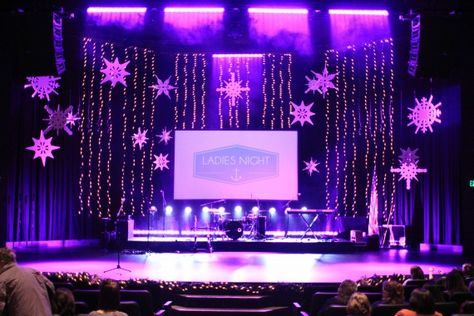 lights and snow...LED light bars Christmas Concert Stage Design, Christmas Stage Decorations, Christmas Stage Design, Church Wall Decor, Church Christmas Decorations, Church Stage Design Ideas, Stage Ideas, Concert Stage Design, Christmas Stage