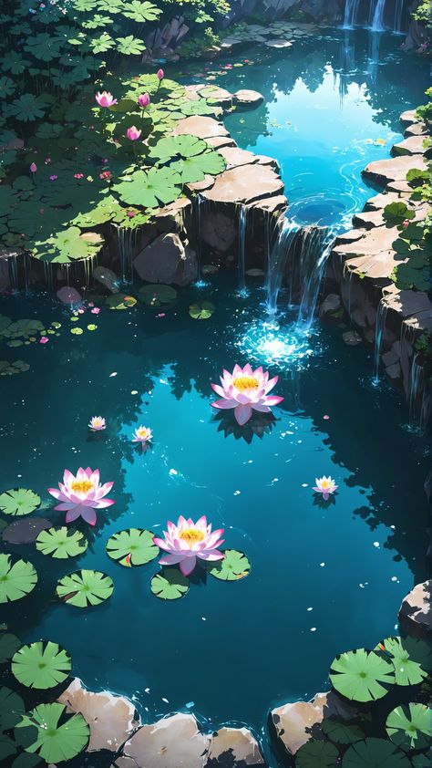 anime wallpaper, wallpaper hd, phone wallpaper, anime aesthetic, flowers, lotus, pond, waterfalls, anime landscape, background, studio ghibli Studio Ghibli Inspired Wallpaper, Pond Wallpaper Aesthetic, Pretty Anime Wallpaper, Anime Aesthetic Flowers, Anime Water Wallpaper, Anime Scenery Wallpaper Phone, Anime Flower Aesthetic, Anime Scenery Wallpaper Aesthetic, Anime Backgrounds Landscape