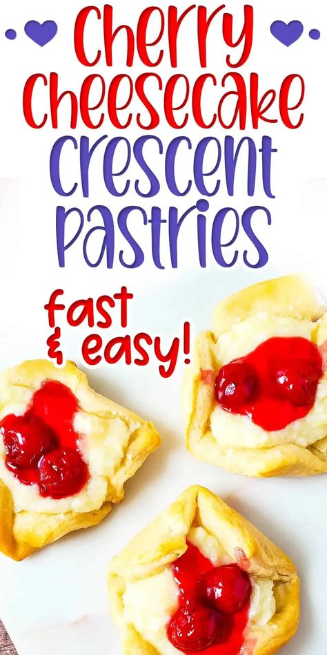 Mini party desserts I can make ahead and freeze - CHERRY CHEESECAKE CRESCENT PASTRIES Paddock Ideas, Crescent Desserts, Easy Cherry Cheesecake, Cherry Cheesecake Bites, Bite Sized Desserts, Healthy Spinach Dip, Crescent Roll Recipes Dessert, Cheesecake Mixture, Crescent Roll Casserole