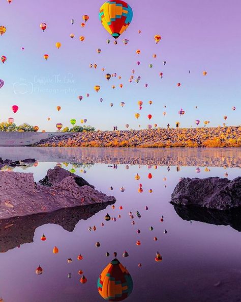 @capture_the_love_photography  Another beautiful reflection shot... we love it!! #AlbuquerqueBalloonFiesta #BallonFiesta2019 #Albuquerque #NewMexico #NMTrue #Beautiful #Sunrise #Colorful #Photography #Canon #PureNewMexico #LandOfEnchantment New Mexico Aesthetic, Albuquerque Balloon Festival, October Travel, Albuquerque Balloon Fiesta, New Mexico Style, Colorful Photography, Hot Air Balloon Festival, Balloon Painting, Balloon Festival